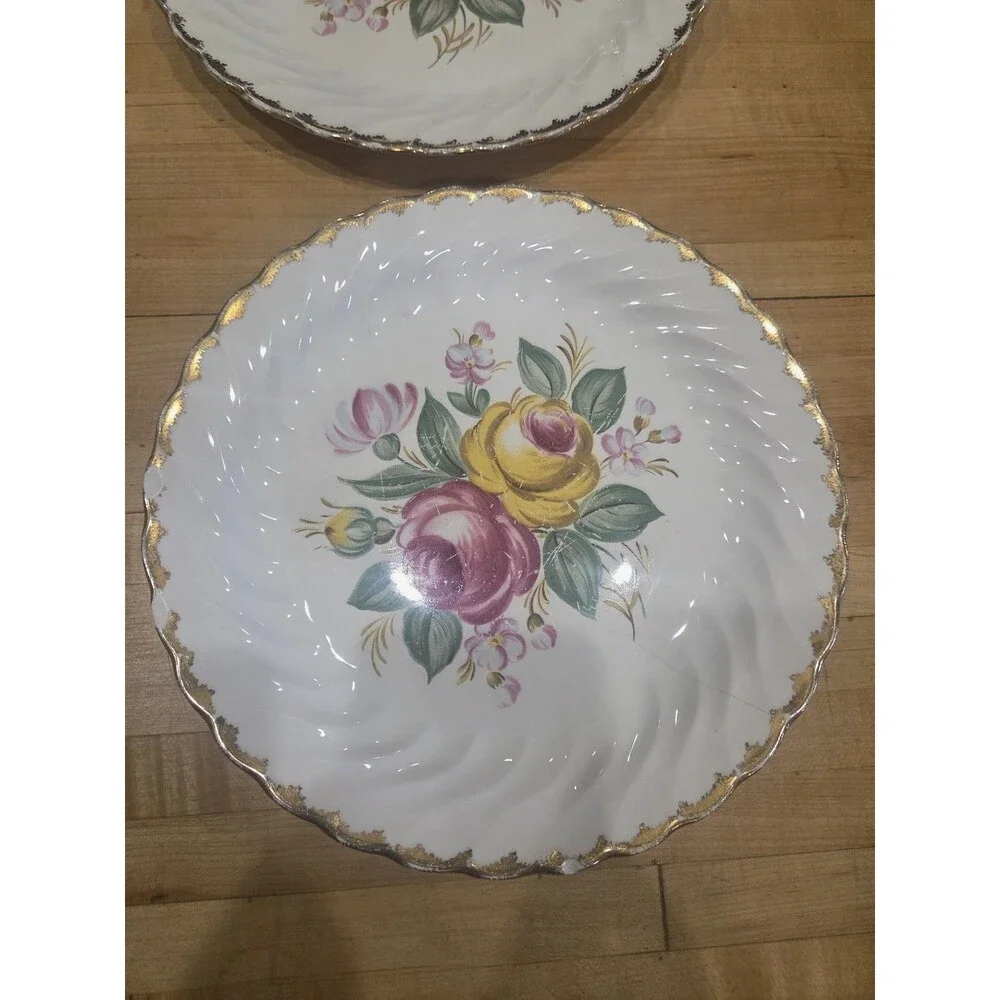 Vintage Royal Swirl Fine China Pink Yellow Rose Dinner Plates Set 4 Handled